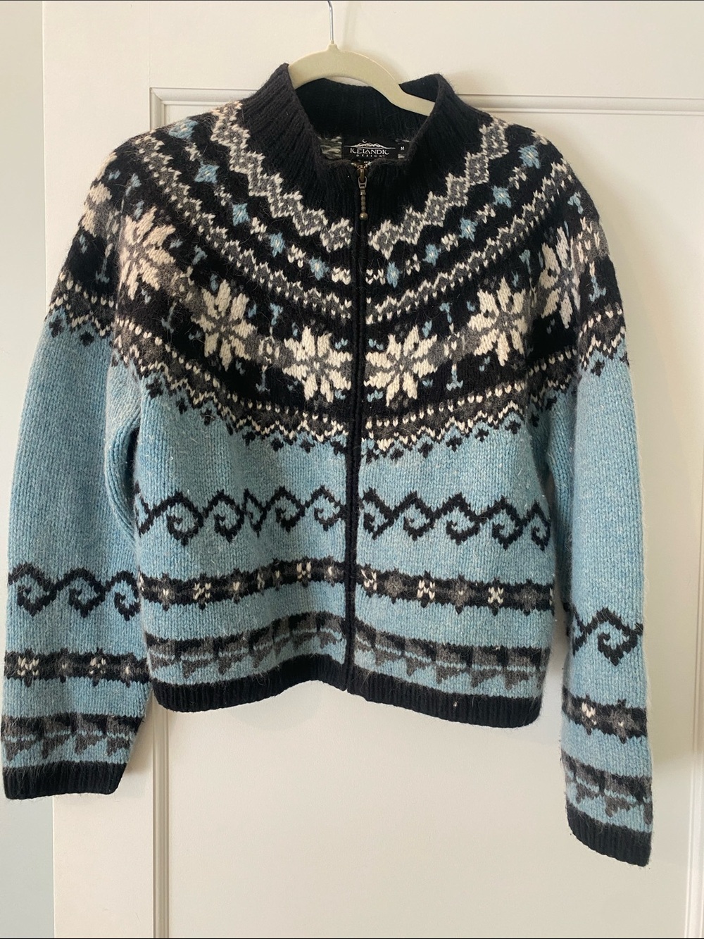 Kendal Fair Isle Zip Cardigan Sweater in Light Blue and Black